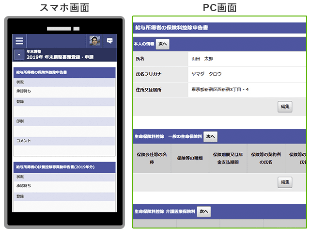 年末調整・スマートフォン画面とPC画面