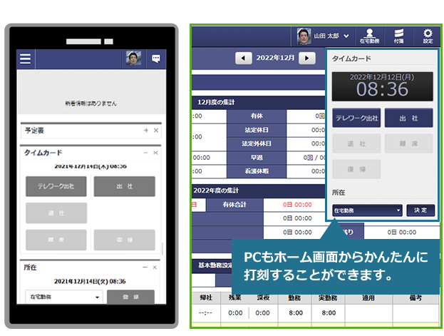 タイムカード・スマートフォン画面とPC画面
