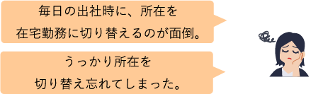 毎日の出社時に、所在を在宅勤務に切り替えるのが面倒。うっかり所在を切り替え忘れてしまった。