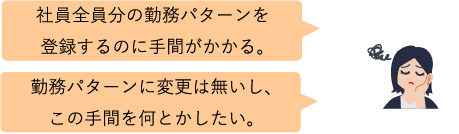前年に引き続きの勤務時間、一括で登録できたらな。勤務パターンに変更は無いし、この手間を何とかしたい。